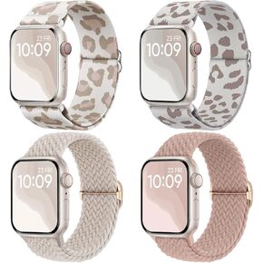 4 Pack Stretchy Bands Compatible for Apple Watch Band 38mm 40mm 41mm 42mm 44mm 45mm 49mm Women, Braided Elastic Strap Nylon Solo Loop Wristband for iWatch Series 9 8 7 6 5 4 3 2 1 SE Ultra