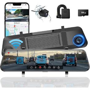 4K Mirror Dual Dash Cam, 12" FHD Dash Cam Front and Rear with WiFi 4k+1080P Dual Dash Camera for Cars Night Vision,24H Parking Mode, G-Sensor, Loop Recording, (No GPS, ADAS)