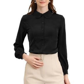 Allegra K Women's Button Up Shirt Business Casual Career Peter Pan Collar Long Bishop Sleeve Blouse