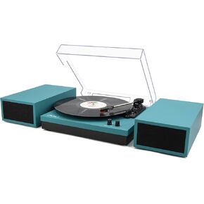 Vinyl Record Player with Stereo Bookshelf Speakers, 3-Speed Belt-Drive Turntable, Modern Vinyl LP Player with Wireless Playback, Auto Stop, RCA Output | Black Leather