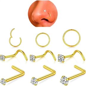 davka 9PCS 18G Stainless Steel Nose Rings 20G L Shape Nose Studs 1.5mm 2mm 3mm CZ Nose Screw Studs Rings for Women Nostril Piercing Jewelry (Gold)