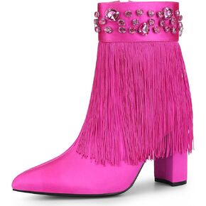 Perphy Pointed Toe Fringe Crystal Chunky Heel Ankle Boots for Women