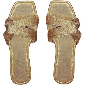 GORGLITTER Women's Glitter Twist Cross Band Metallic Flat Sandals Square Open Toe Slide Shoes