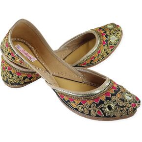 Fulkari Women's Gulbahaar Gold Multicolor Genuine Soft Leather Juttis | Bite and Pinch Free Jutis | Punjabi Jutti For Ladies | Wedding Flat Stylish Mojari | Bridal Ethnic Flats For Girls |