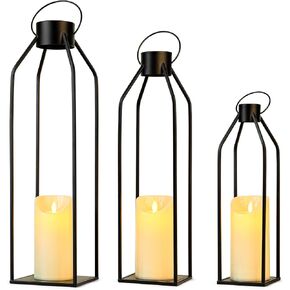 Rustic Farmhouse Candle Lantern Set of 2 Black Decorative Lanterns with Metal Wire Indoor Outdoor Home Decor with Flickering LED Candles Housewarming Wedding Christmas Halloween Gift