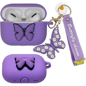 for Airpods Pro 2nd Generation Case Cover 2022, Cute Cartoon 3D Butterfly Charm Soft Silicone Skin Women Girls Kids Teens Kit Cases with Fun Cool Keychain for Apple Airpods Pro 2nd Gen (Purple)