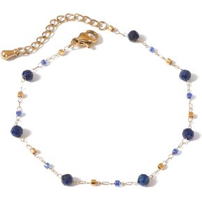 Gold Round Apatite Beaded Bracelets 18K Gold Plated Handmade Natural Gemstone Dainty Adjustable Bracelet for Women Girls Jewelry Gift