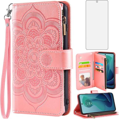 Asuwish Phone Case for Motorola Moto G 5G 2024 Wallet Cover with Tempered Glass Screen Protector and Leather Flip Credit Card Holder Stand Flower Folio Slot Cell Accessories G5G G5 Women Men Rose Gold in Kuwait