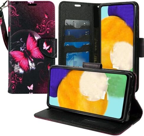 Zase Design Cover for Samsung Galaxy A15 5G Protective Flip Wallet Phone Case Cute Woman Girls Premium PU Leather Folio w/Kickstand ID Card Slot Wrist Strap Magnetic Lock (Hot Pink Butterfly) in Saudi Arabia