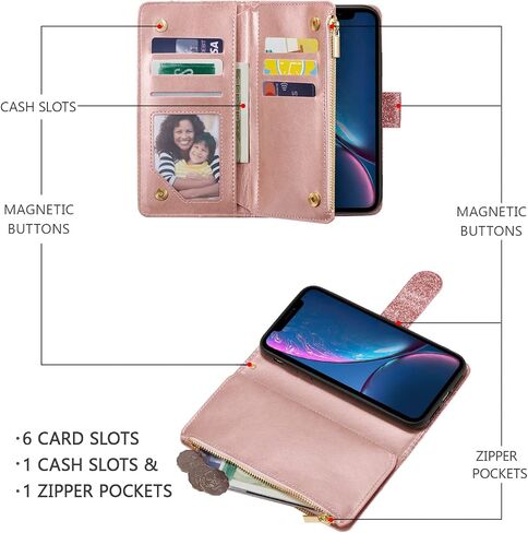 حافظة محفظة UEEBAI لهاتف iPhone XR، حافظة جلدية من البولي يوريثان، حقيبة يد بسحاب وجيب، فتحات للبطاقات مع حزام يد، حافظة قلابة وردية للنساء - ذهبي وردي بلينغ in Saudi Arabia