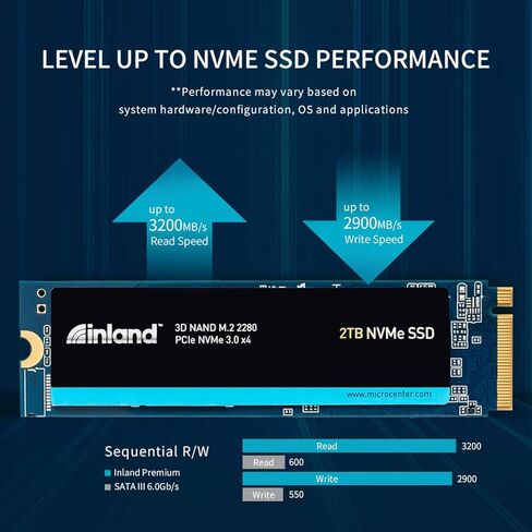INLAND Premium 2 تيرابايت SSD M.2 2280 PCIe NVMe 3.0 x4 TLC 3D NAND محرك أقراص الحالة الصلبة الداخلي، سرعة قراءة/كتابة تصل إلى 3200 ميجابايت/ثانية و2900 ميجابايت/ثانية، 3200 تيرابايت in Kuwait