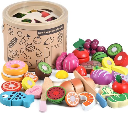 WHOHOLL Play Food Set للعب ملحقات المطبخ، ألعاب موراندي الخشبية الملونة، الطعام التظاهري بقطع الطعام مع سلة، ألعاب مونتيسوري للفتيات من عمر سنة فما فوق، موارد تعليمية لحماية العين in Kuwait