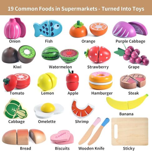 WHOHOLL Play Food Set للعب ملحقات المطبخ، ألعاب موراندي الخشبية الملونة، الطعام التظاهري بقطع الطعام مع سلة، ألعاب مونتيسوري للفتيات من عمر سنة فما فوق، موارد تعليمية لحماية العين in Kuwait