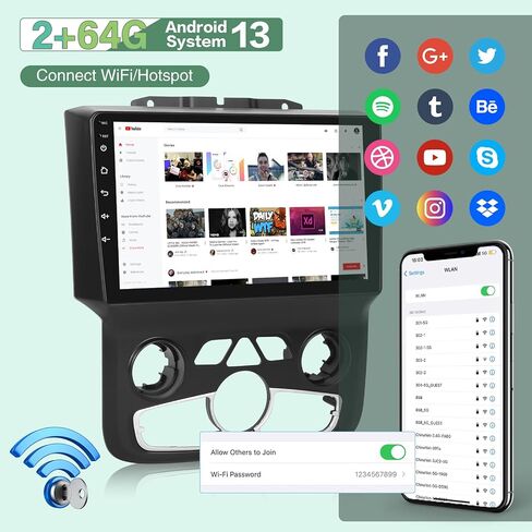 EKAT [2+64G] راديو سيارة لسيارة Dodge RAM 1500 2500 3500 2013-2018 (فقط للتيار المتردد التلقائي)، 9 بوصة Android 13 شاشة تعمل باللمس، ستيريو، صوت Hi-Fi/Carplay/Android Auto/1080P/SWC/Bluetooth in Saudi Arabia