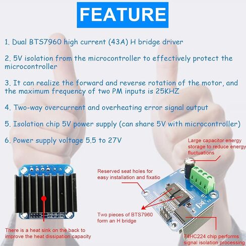 BTS7960 Motor Driver Module 43A High Power Double DC Stepper Motor Driver Module H-Bridge Semiconductor Refrigeration PWM Smart Car Driver Module, for Arduino in Saudi Arabia