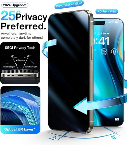 Ultra Top 9H+ Glass for iPhone 15 Privacy Screen Protector [Invisible Privacy Armor] Privacy Screen iPhone 15 Tempered Glass [Full Coverage & Longest Durable] High Definition, 2 Packs in Kuwait
