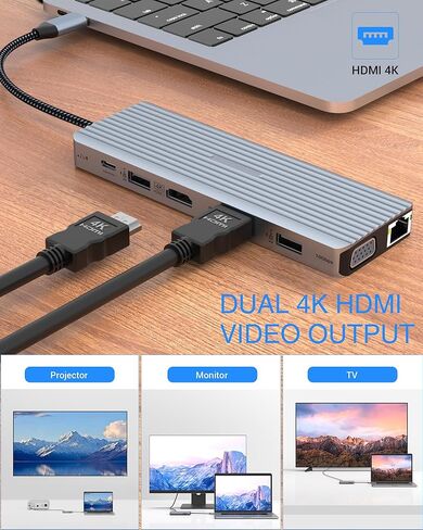 TOTU 14 في 1 USB C HUB، محطة إرساء USB C مع 2 * 4K HDMI، VGA، 100W PD، Gigabit Ethernet، USB A 3.1، USB C 3.1، 4 * USB A 2.0، SD&TF، مقبس 3.5 مم، متوافق مع النوع C الأجهزة in Kuwait