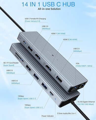 TOTU 14 في 1 USB C HUB، محطة إرساء USB C مع 2 * 4K HDMI، VGA، 100W PD، Gigabit Ethernet، USB A 3.1، USB C 3.1، 4 * USB A 2.0، SD&TF، مقبس 3.5 مم، متوافق مع النوع C الأجهزة in Kuwait