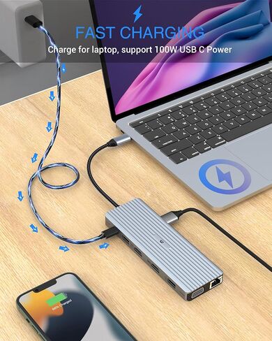TOTU 14 في 1 USB C HUB، محطة إرساء USB C مع 2 * 4K HDMI، VGA، 100W PD، Gigabit Ethernet، USB A 3.1، USB C 3.1، 4 * USB A 2.0، SD&TF، مقبس 3.5 مم، متوافق مع النوع C الأجهزة in Kuwait