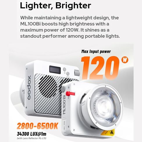 Godox ML100BI مصباح فيديو LED ثنائي اللون، CRI≥97 TLCI≥98، CCT 2800-6500K، 11 FX Effects APP التحكم Godox Mount إضاءة الإخراج المستمر Mutil Power Supply لصناعة الأفلام / البث المباشر / مدونة الفيديو in Saudi Arabia