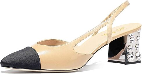FOWT Women Rhinestone Rivet Chunky Mid Heel Pumps Almond Pointed Cap Toe Slingback Ankle Strap Sandals Slip On Hollowed D’Orsay Shoes for Party Prom Office US 4-16 in Saudi Arabia
