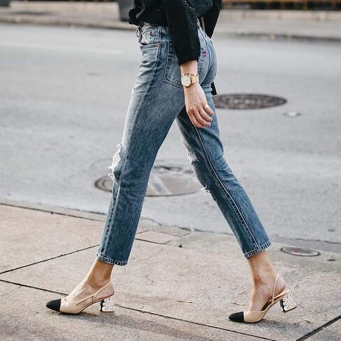 FOWT Women Rhinestone Rivet Chunky Mid Heel Pumps Almond Pointed Cap Toe Slingback Ankle Strap Sandals Slip On Hollowed D’Orsay Shoes for Party Prom Office US 4-16 in Saudi Arabia
