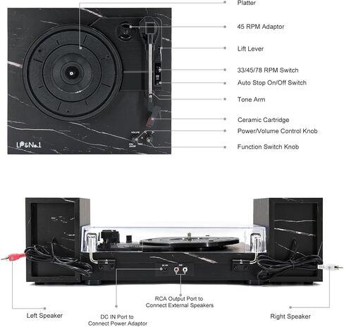 Vinyl Record Player with Stereo Bookshelf Speakers, 3-Speed Belt-Drive Turntable, Modern Vinyl LP Player with Wireless Playback, Auto Stop, RCA Output | Black Leather in Saudi Arabia