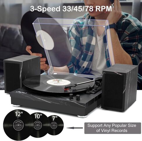 Vinyl Record Player with Stereo Bookshelf Speakers, 3-Speed Belt-Drive Turntable, Modern Vinyl LP Player with Wireless Playback, Auto Stop, RCA Output | Black Leather in Saudi Arabia