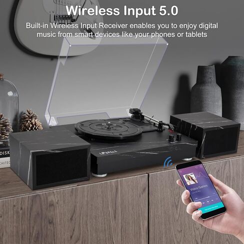 Vinyl Record Player with Stereo Bookshelf Speakers, 3-Speed Belt-Drive Turntable, Modern Vinyl LP Player with Wireless Playback, Auto Stop, RCA Output | Black Leather in Saudi Arabia