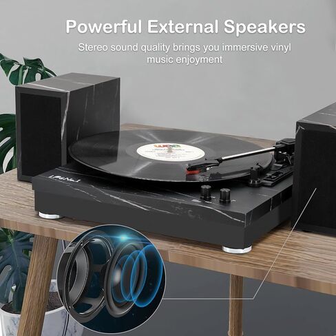 Vinyl Record Player with Stereo Bookshelf Speakers, 3-Speed Belt-Drive Turntable, Modern Vinyl LP Player with Wireless Playback, Auto Stop, RCA Output | Black Leather in Saudi Arabia