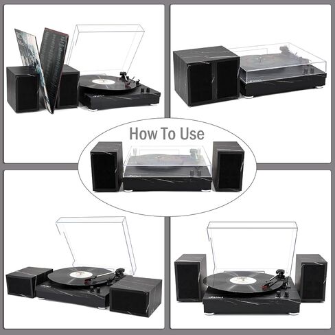 Vinyl Record Player with Stereo Bookshelf Speakers, 3-Speed Belt-Drive Turntable, Modern Vinyl LP Player with Wireless Playback, Auto Stop, RCA Output | Black Leather in Saudi Arabia