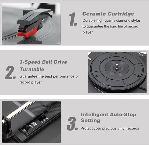 Vinyl Record Player with Stereo Bookshelf Speakers, 3-Speed Belt-Drive Turntable, Modern Vinyl LP Player with Wireless Playback, Auto Stop, RCA Output | Black Leather in Saudi Arabia