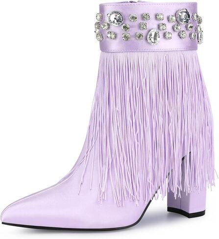 Perphy Pointed Toe Fringe Crystal Chunky Heel Ankle Boots for Women in Saudi Arabia
