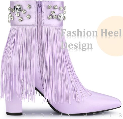 Perphy Pointed Toe Fringe Crystal Chunky Heel Ankle Boots for Women in Saudi Arabia