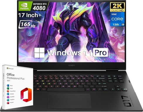 كمبيوتر محمول HP OMEN 2024 17 للألعاب، شاشة 17.3 بوصة QHD IPS 165 هرتز، الجيل الثالث عشر Intel i9-13900HX(24-Core)، GeForce RTX 4080، 64 جيجابايت DDR5، 4 تيرابايت SSD، لوحة مفاتيح بإضاءة خلفية، Wi-Fi 6E، Windows 11 Pro + Microsoft Office Lifetime رخصة in Saudi Arabia