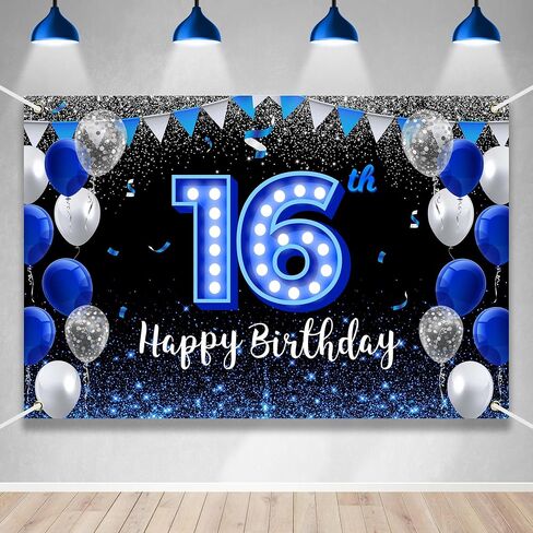 Happy 16th Birthday Backdrop Banner Blue Black Theme Background With Blue Neon Light Shiny Fashion Birthday Party Photo Photography Prop Booth Background for Boys Girls Celebration 70.8x47.2in-BECKTEN in Kuwait