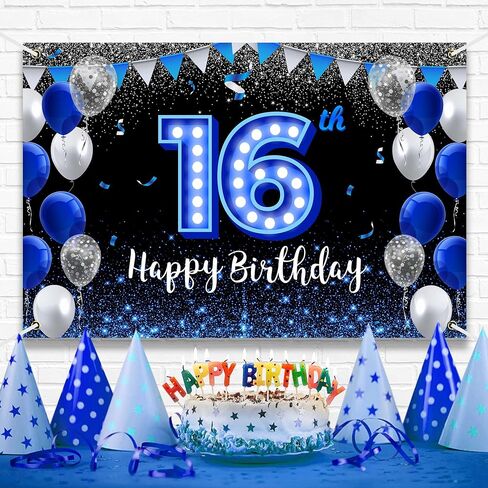 Happy 16th Birthday Backdrop Banner Blue Black Theme Background With Blue Neon Light Shiny Fashion Birthday Party Photo Photography Prop Booth Background for Boys Girls Celebration 70.8x47.2in-BECKTEN in Kuwait
