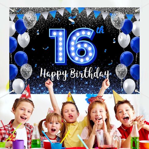 Happy 16th Birthday Backdrop Banner Blue Black Theme Background With Blue Neon Light Shiny Fashion Birthday Party Photo Photography Prop Booth Background for Boys Girls Celebration 70.8x47.2in-BECKTEN in Kuwait