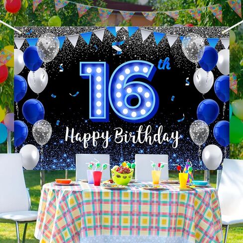 Happy 16th Birthday Backdrop Banner Blue Black Theme Background With Blue Neon Light Shiny Fashion Birthday Party Photo Photography Prop Booth Background for Boys Girls Celebration 70.8x47.2in-BECKTEN in Kuwait