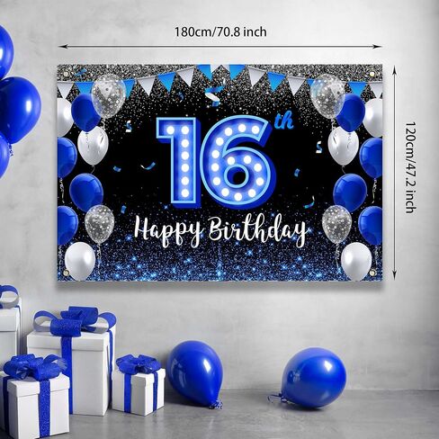 Happy 16th Birthday Backdrop Banner Blue Black Theme Background With Blue Neon Light Shiny Fashion Birthday Party Photo Photography Prop Booth Background for Boys Girls Celebration 70.8x47.2in-BECKTEN in Kuwait