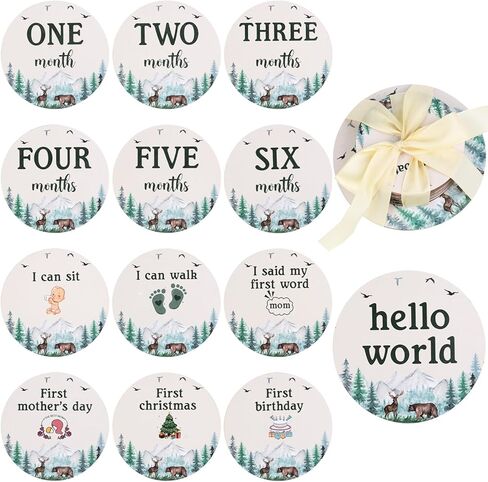 13PCS Mountain Wooden Monthly Photo Cards, Mountain Newborn Gift for Girls and Boys, Hello World Newborn Photo Booth Props for Mountain Baby Shower Pregnancy Announcement Party Decorations in Kuwait