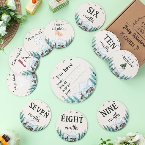13PCS Mountain Wooden Monthly Photo Cards, Mountain Newborn Gift for Girls and Boys, Hello World Newborn Photo Booth Props for Mountain Baby Shower Pregnancy Announcement Party Decorations in Kuwait