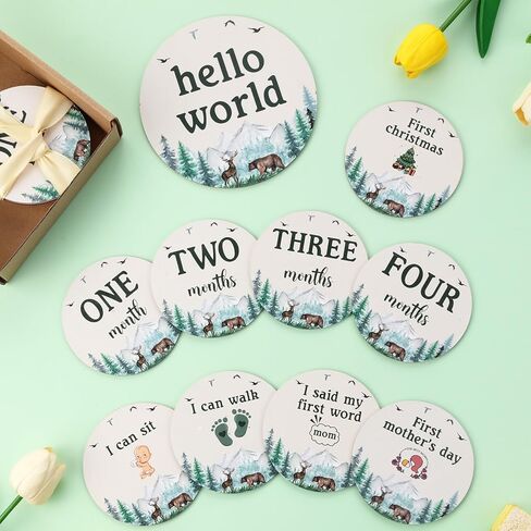 13PCS Mountain Wooden Monthly Photo Cards, Mountain Newborn Gift for Girls and Boys, Hello World Newborn Photo Booth Props for Mountain Baby Shower Pregnancy Announcement Party Decorations in Kuwait