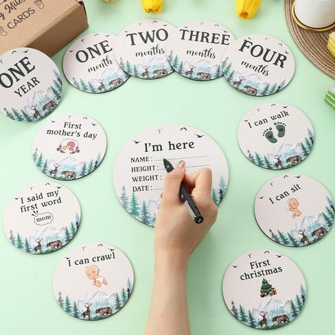 13PCS Mountain Wooden Monthly Photo Cards, Mountain Newborn Gift for Girls and Boys, Hello World Newborn Photo Booth Props for Mountain Baby Shower Pregnancy Announcement Party Decorations in Kuwait