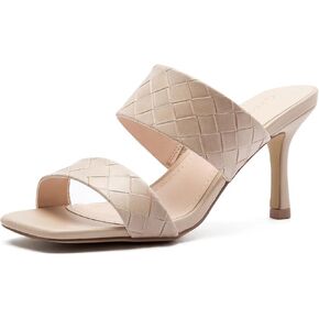 Greatonu Women's High Heels Square Open Toe Double Braid Strap Slip On Stilettos Kitten Heeled Sandals