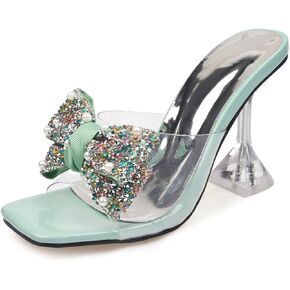 OEWHNGD Women'S Pearl Bow Square Toe Stiletto Slides Sandals Elegant Rhinestones clear High Heels Open Toe Slip On Dress slippers For Dinner Party Prom Crystal sandals