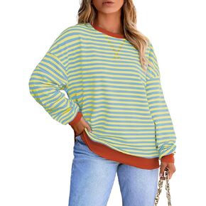 Eytino Women Plus Size Sweatshirt Striped Color Block Crew Neck Pullover Tops Long Sleeve Casual Shirt(1X-5X)