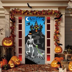 Halloween Door Cover Decorations Skeleton Door Cover Halloween Front Door Outdoor Indoor Covering Cartoon Backdrop Banner for Halloween Party,Birthday