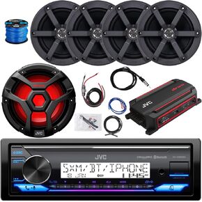 JVC Single Din Marine Bluetooth USB/AUX Stereo Receiver, 4X 6.5 100 Watt Black Speakers w/Wire, 10" 1300 Watt Multicolor LED Black Subwoofer, 600 Watt Mono Amplifier w/Kit, Antenna