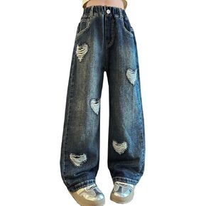 Bolknokin Girls Ripped Jeans Casual Distressed Washed Elastic Waist Wide Leg Baggy Pants Kids Clothes 5-14 Years